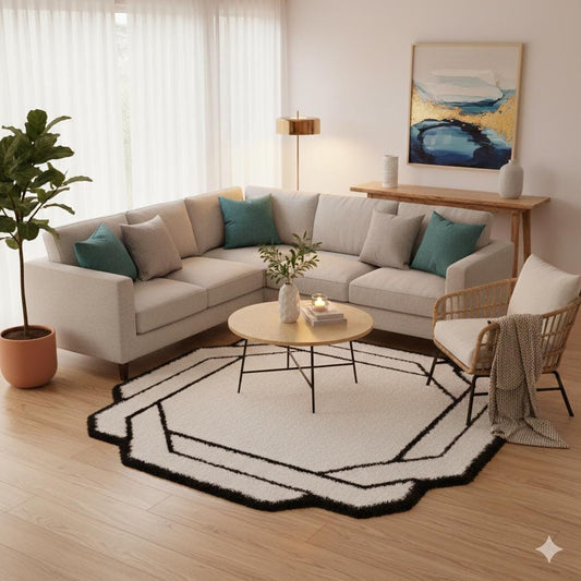 Contemporary White Shaggy Area Rug with Black Geometric Border – Modern Statement Carpet