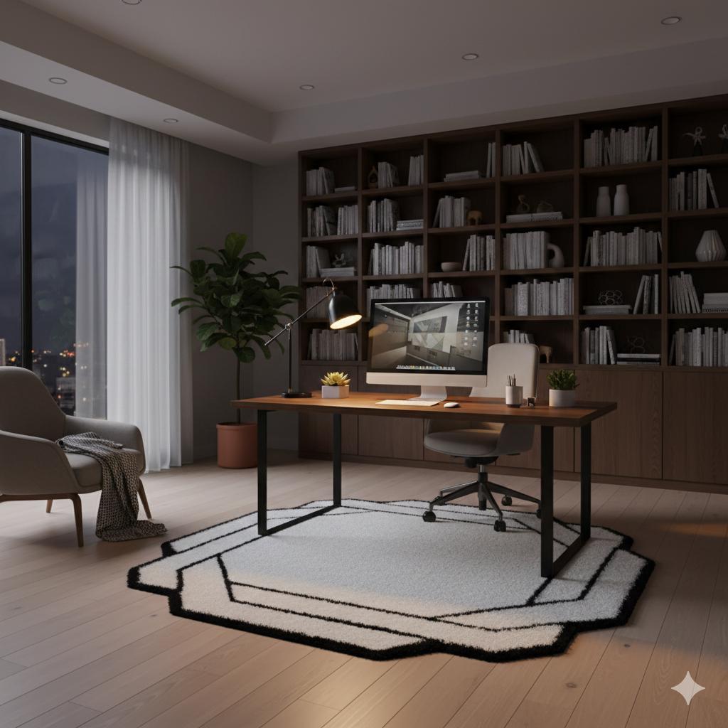 Contemporary White Shaggy Area Rug with Black Geometric Border – Modern Statement Carpet