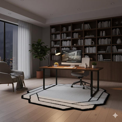 Contemporary White Shaggy Area Rug with Black Geometric Border – Modern Statement Carpet