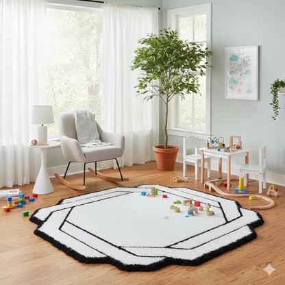Contemporary White Shaggy Area Rug with Black Geometric Border – Modern Statement Carpet