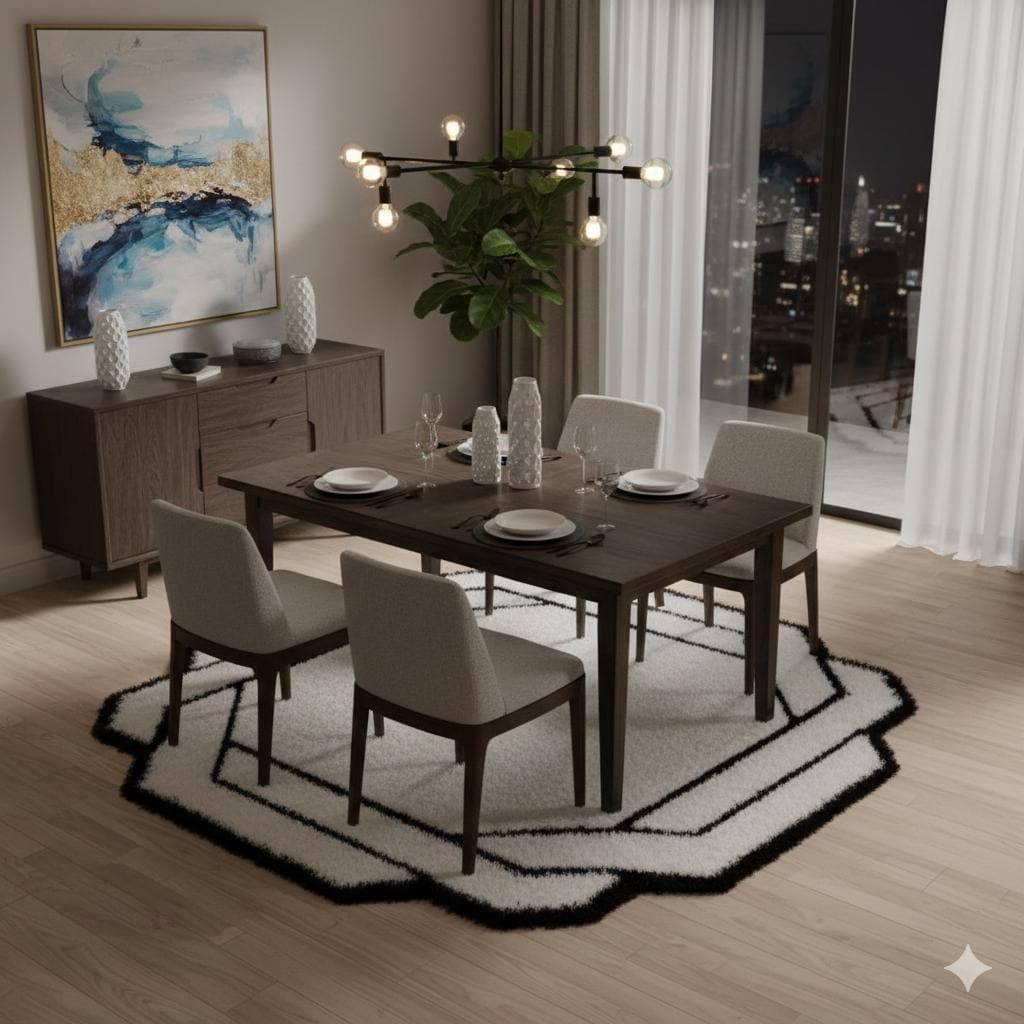 Contemporary White Shaggy Area Rug with Black Geometric Border – Modern Statement Carpet