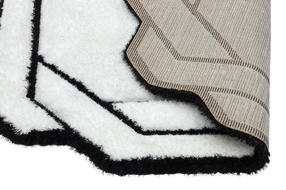 Contemporary White Shaggy Area Rug with Black Geometric Border – Modern Statement Carpet
