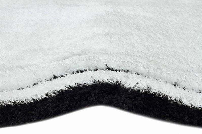 5x8ft, Contemporary White Shaggy Area Rug with Black Geometric Border – Modern Statement Carpet