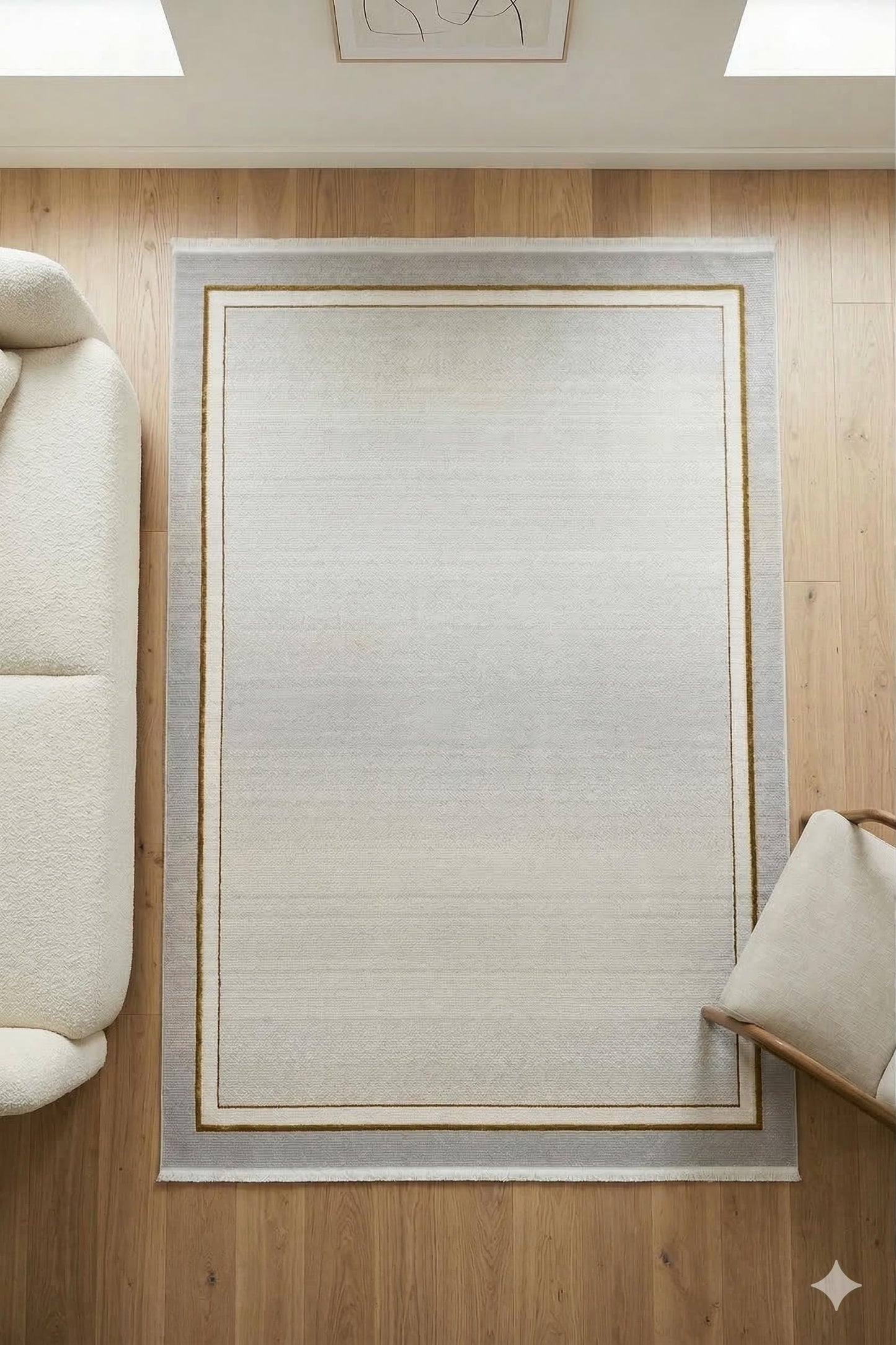 Modern Gray Cream Taupe Area Rug • Minimalist Gold Border Living Room Carpet