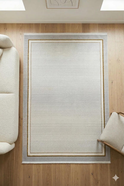 Modern Gray Cream Taupe Area Rug • Minimalist Gold Border Living Room Carpet