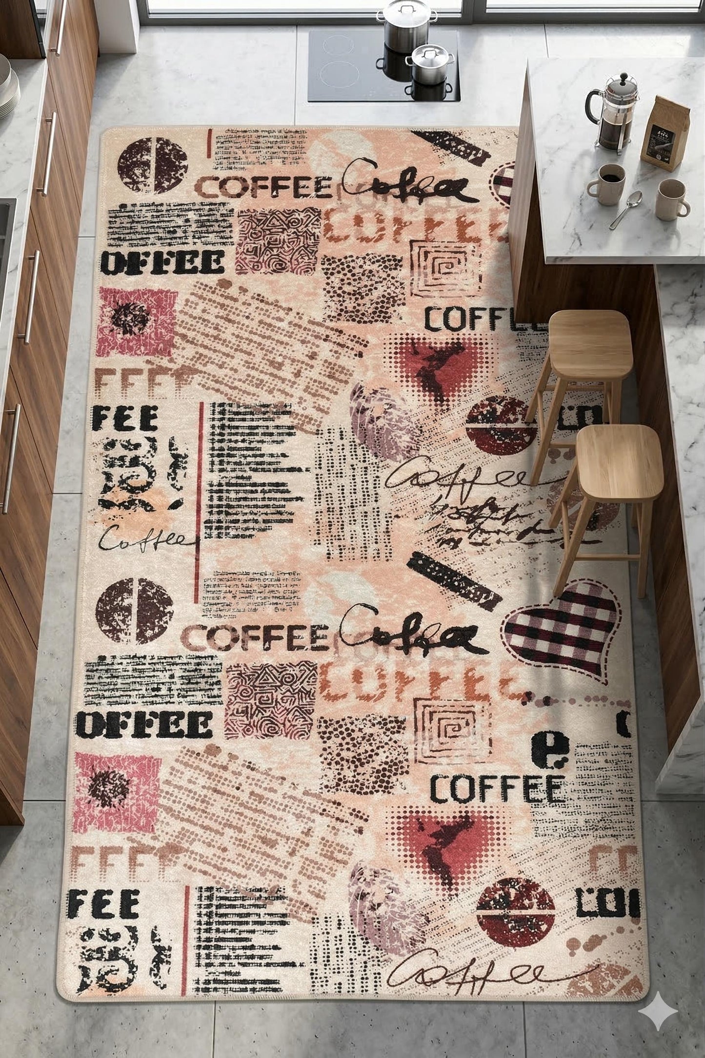 Vintage Coffee Collage Kitchen Runner – Washable, Non-Slip Espresso Area Rug