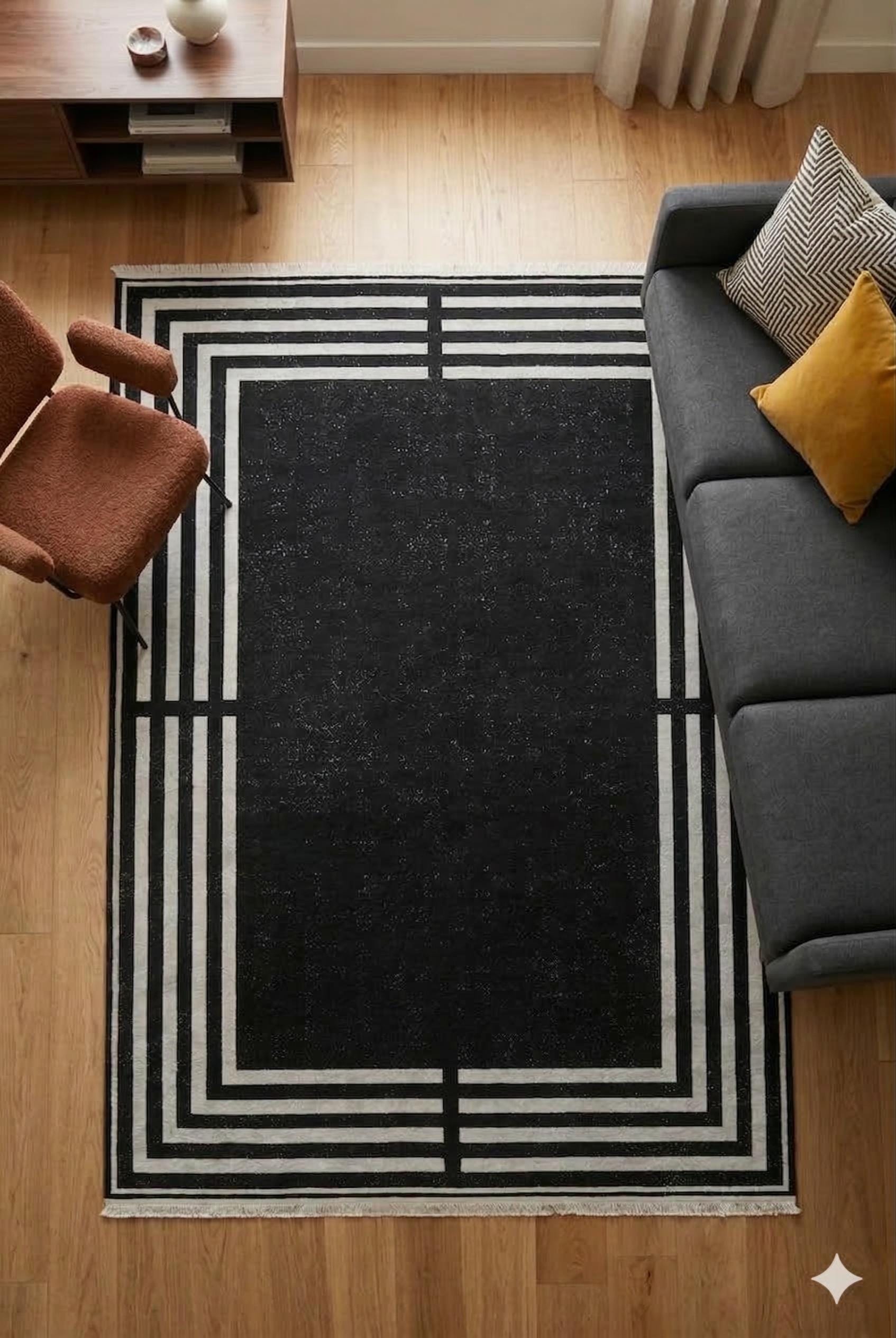 Modern Black Geometric Border Rug, Minimalist Living Room Carpet