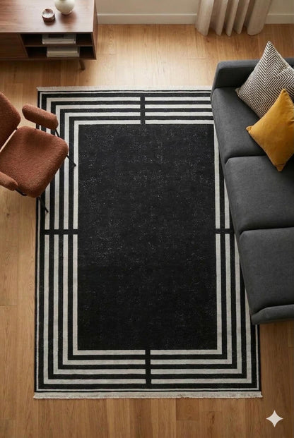 Modern Black Geometric Border Rug, Minimalist Living Room Carpet