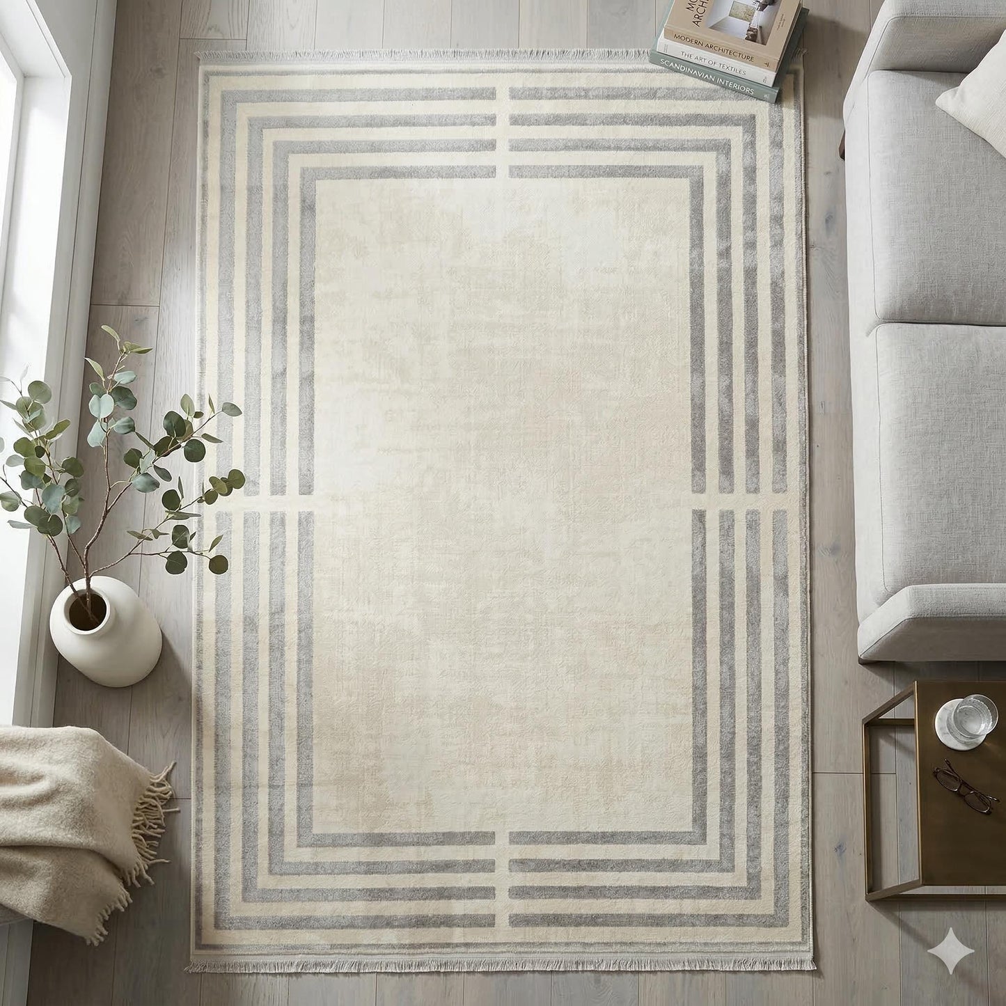 Modern Geometric Area Rug – Cream Grey Minimalist Border Design – Soft Neutral Carpet