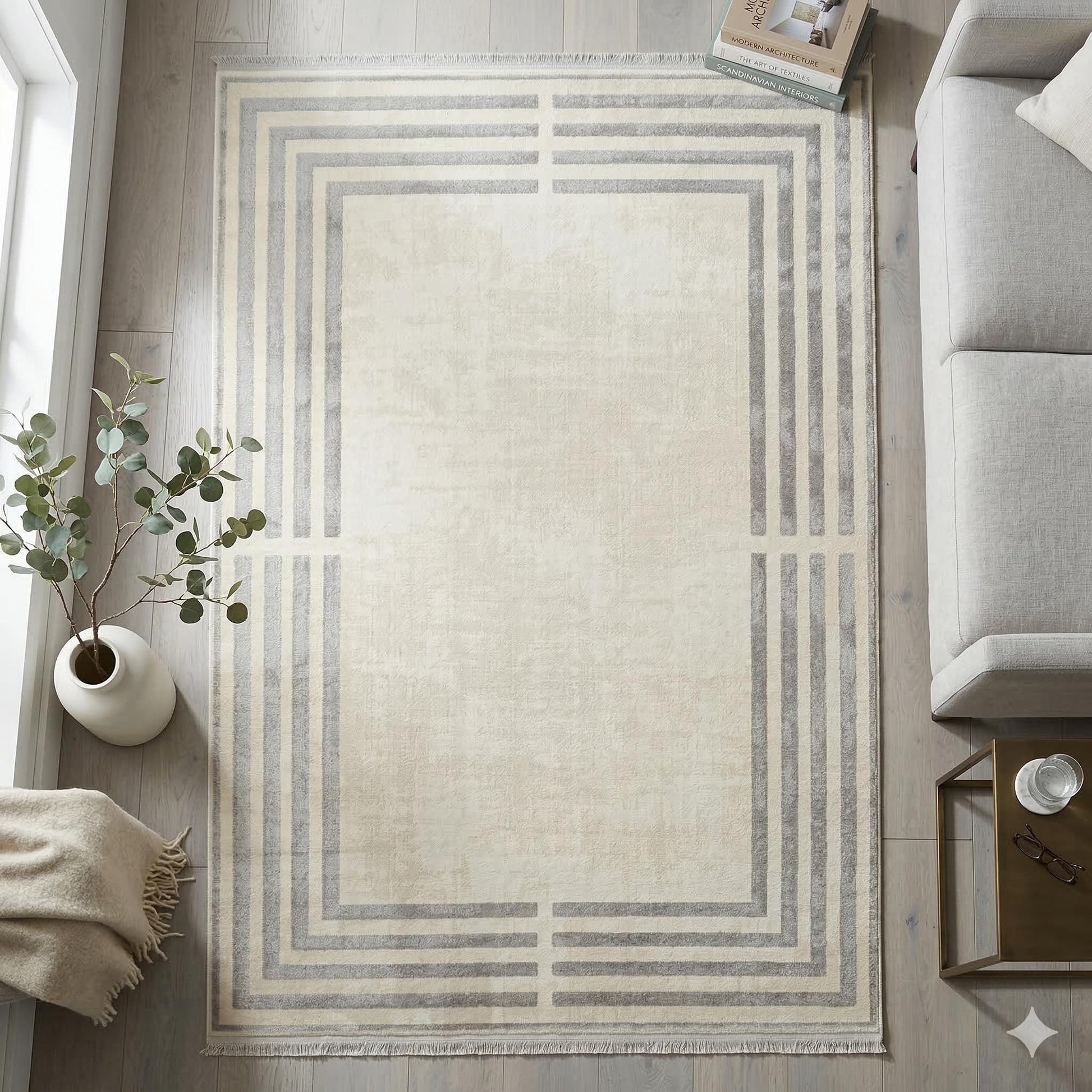 Modern Geometric Area Rug – Cream Grey Minimalist Border Design – Soft Neutral Carpet