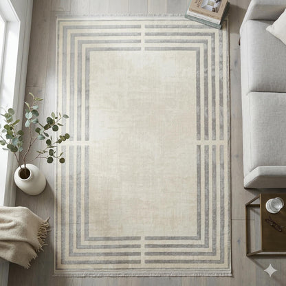 Modern Geometric Area Rug – Cream Grey Minimalist Border Design – Soft Neutral Carpet