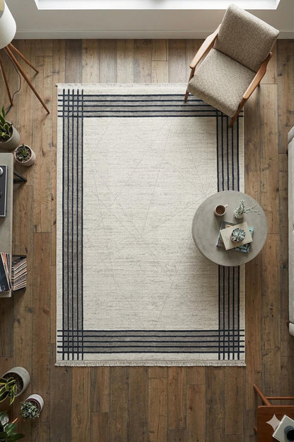 Modern Minimalist Plaid Border Area Rug | Neutral Gray & Ivory Geometric Decor