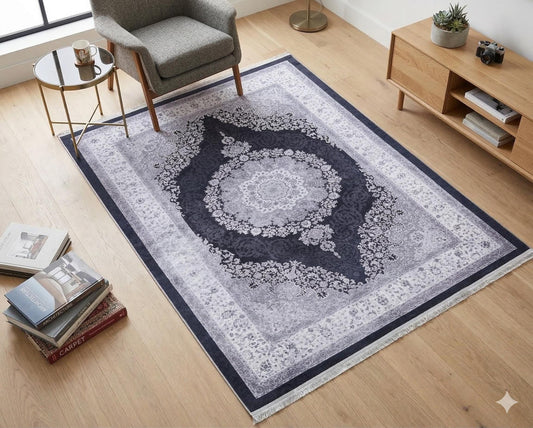 Machine Washable Persian Style Medallion Rug, Distressed Charcoal Grey Living Room Carpet