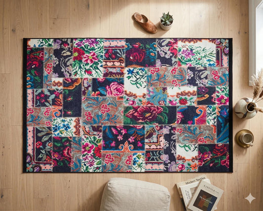 Colorful Floral Patchwork Rug – Boho Maximalist Area Carpet, Washable Non-Slip Home Decor
