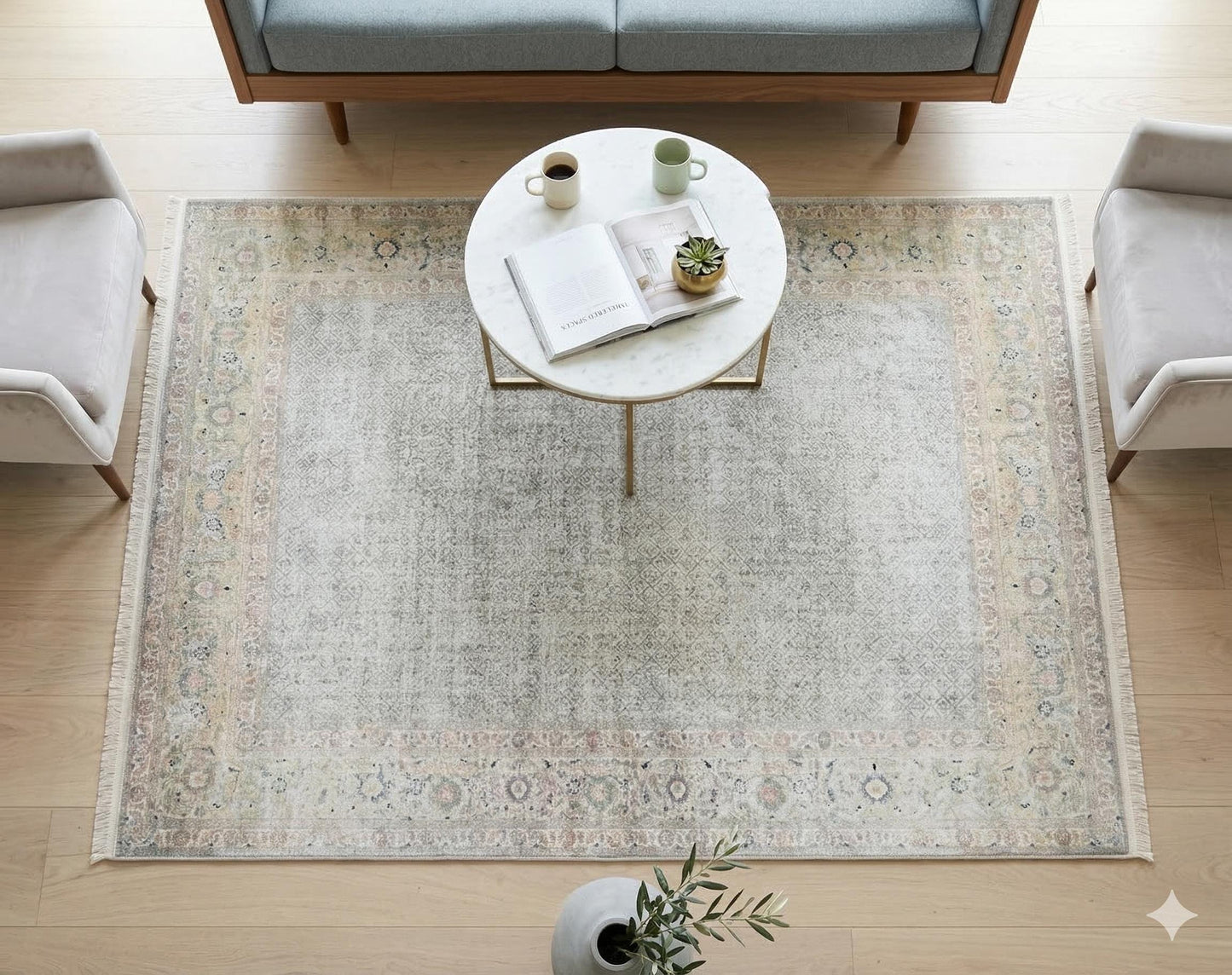 Distressed Persian Area Rug – Sage Cream Traditional Turkish Carpet, Washable Low Pile