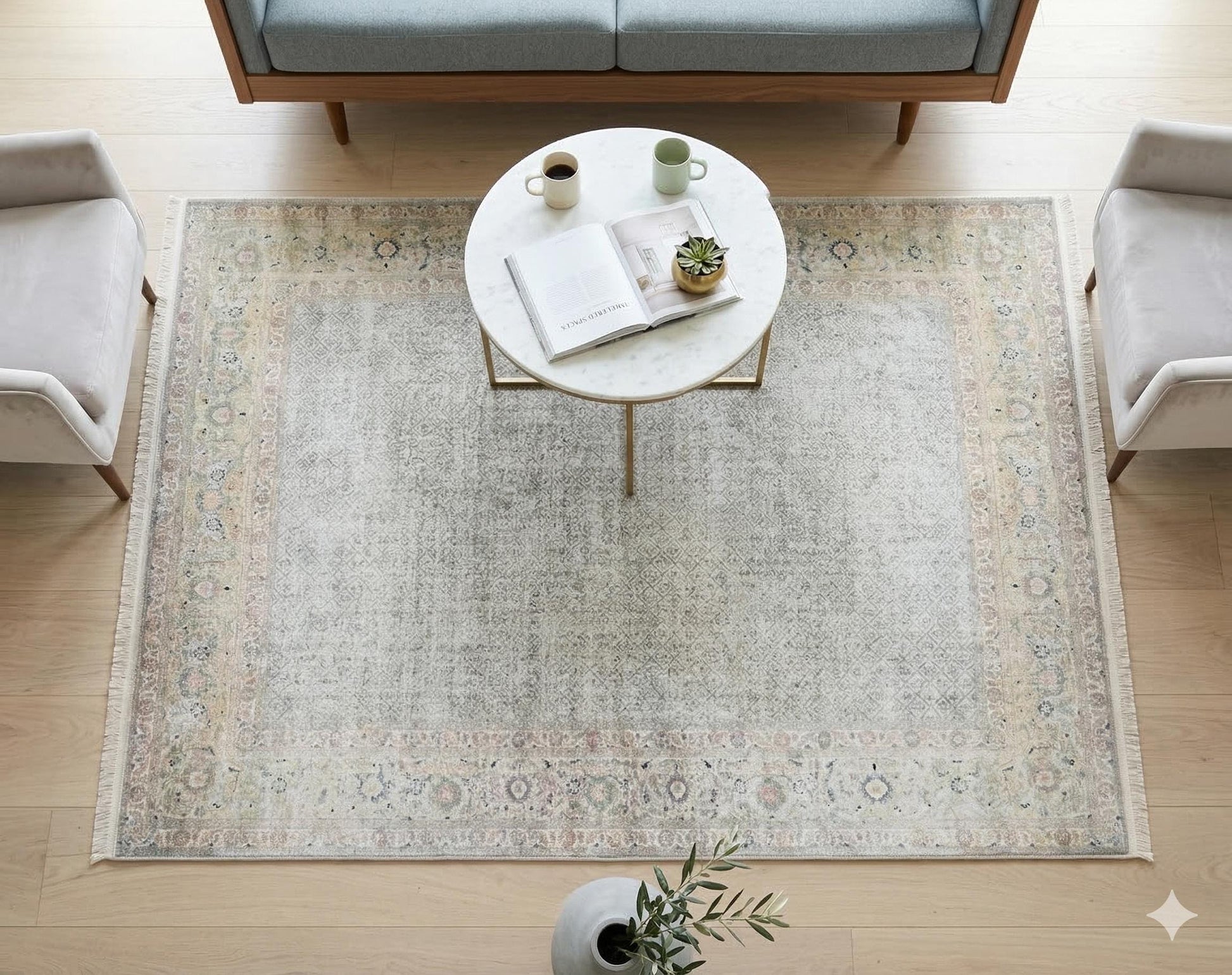 Distressed Persian Area Rug – Sage Cream Traditional Turkish Carpet, Washable Low Pile
