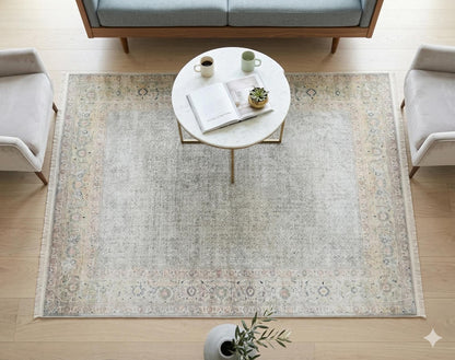 Distressed Persian Area Rug – Sage Cream Traditional Turkish Carpet, Washable Low Pile