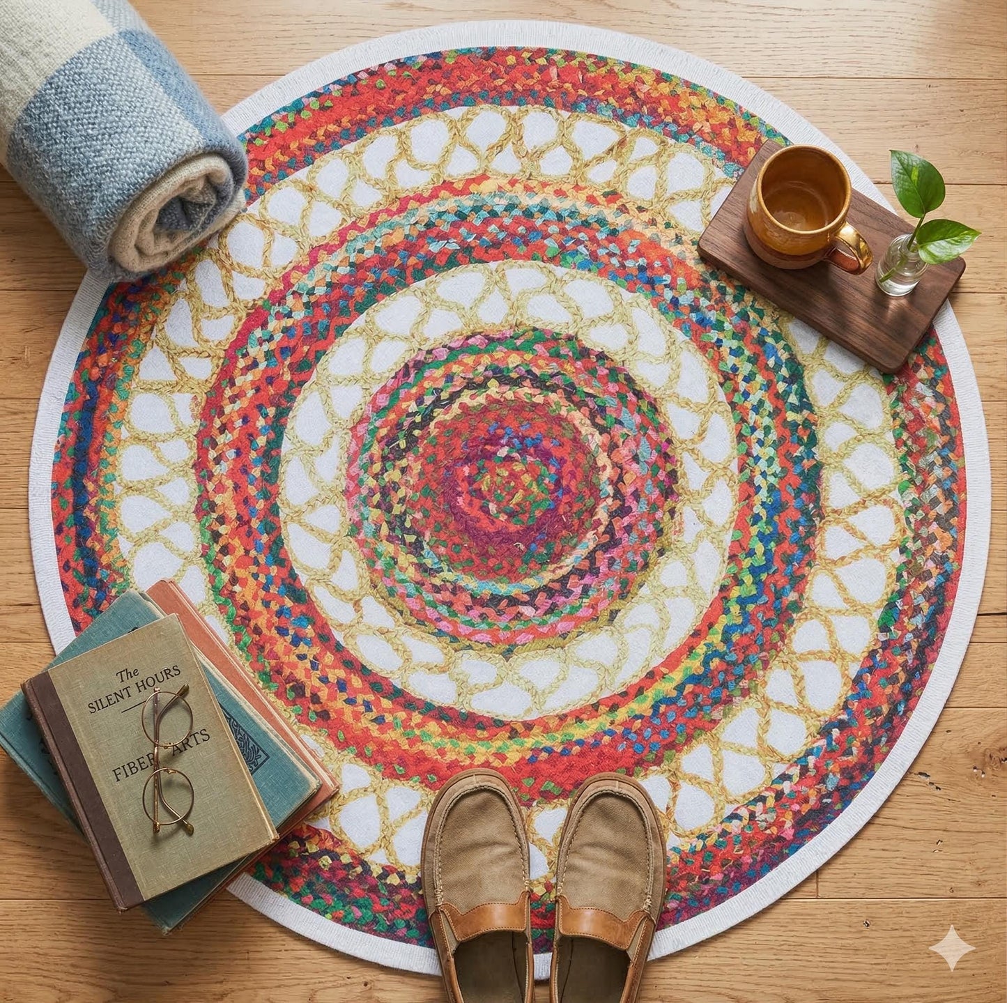 Round Boho Braided Cotton Rug – Washable Multi-Color Area Carpet
