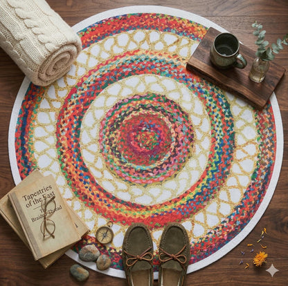 Round Boho Braided Cotton Rug – Washable Multi-Color Area Carpet