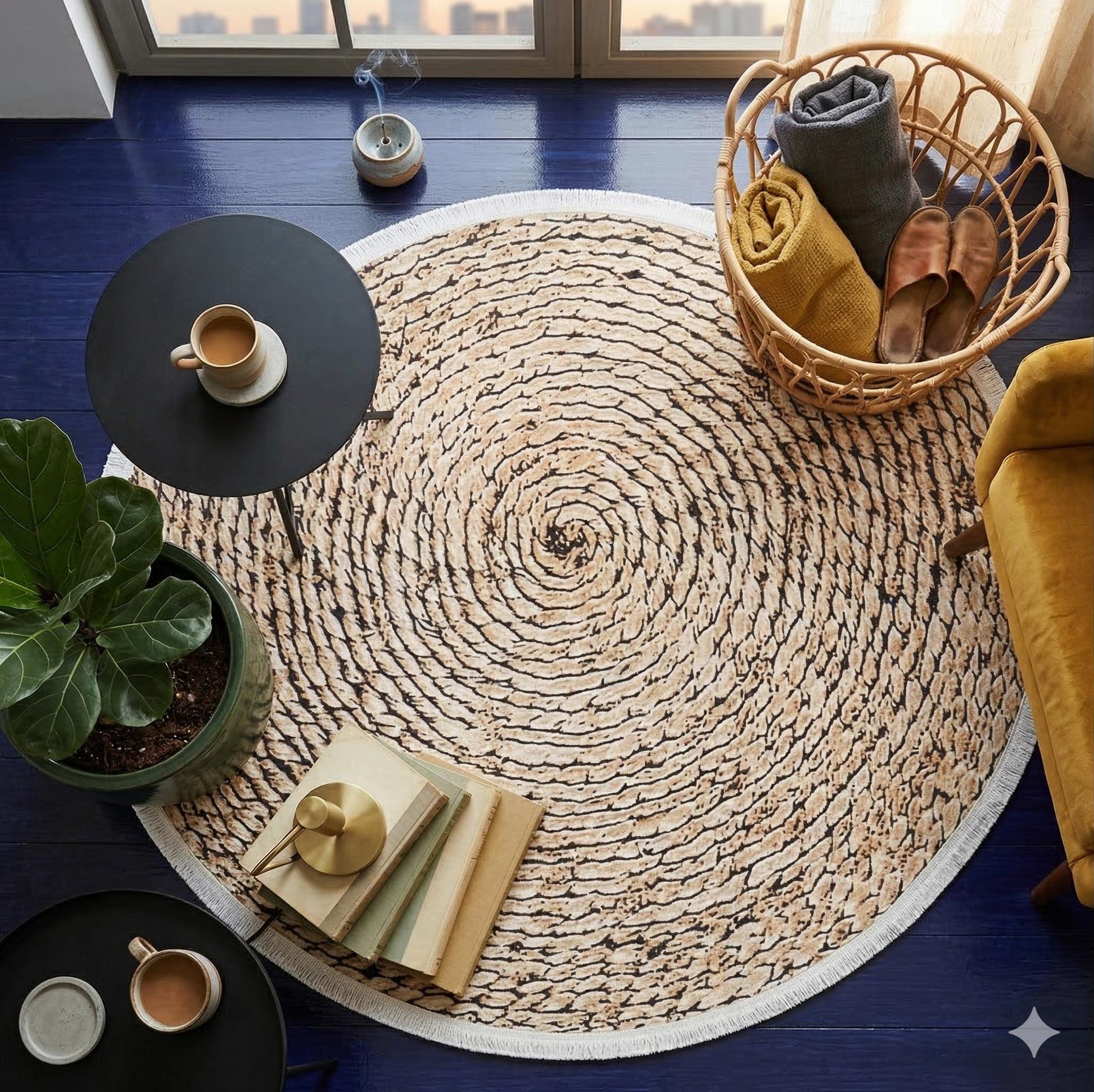 Washable Braided Spiral Round Rug, Faux Jute Farmhouse Carpet with Fringe