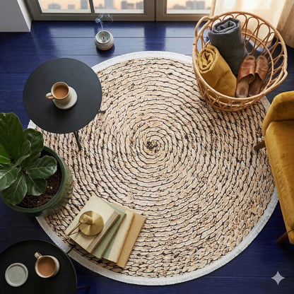 Washable Braided Spiral Round Rug, Faux Jute Farmhouse Carpet with Fringe