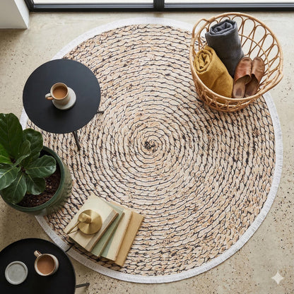 Washable Braided Spiral Round Rug, Faux Jute Farmhouse Carpet with Fringe