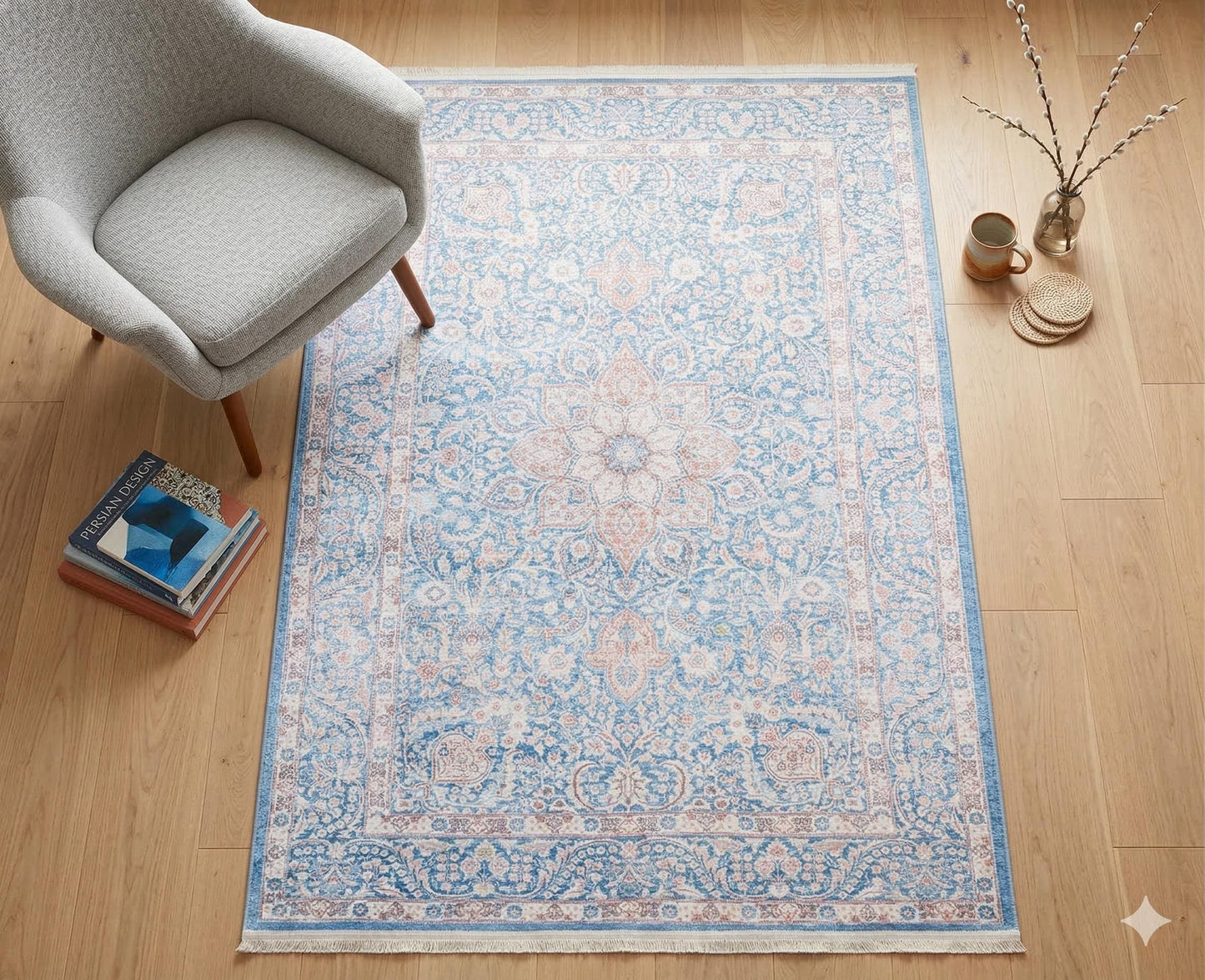 Distressed Light Blue Medallion Rug – Boho Turkish Style, Machine Washable, Non-Slip