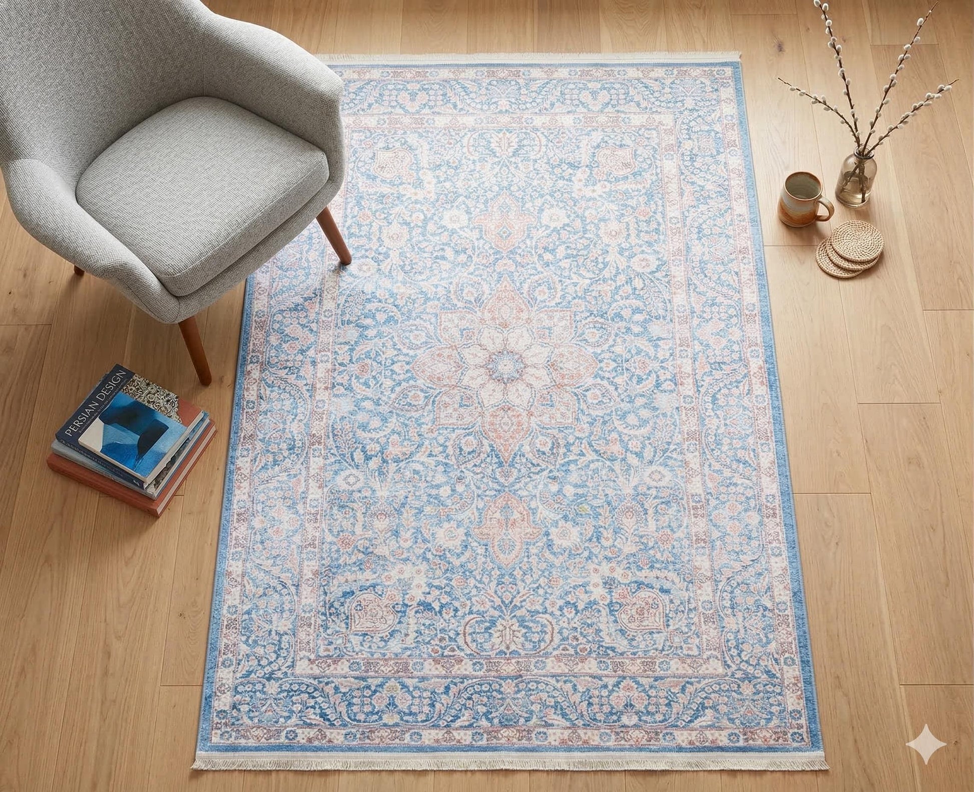 Distressed Light Blue Medallion Rug – Boho Turkish Style, Machine Washable, Non-Slip