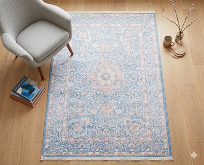 Distressed Light Blue Medallion Rug – Boho Turkish Style, Machine Washable, Non-Slip