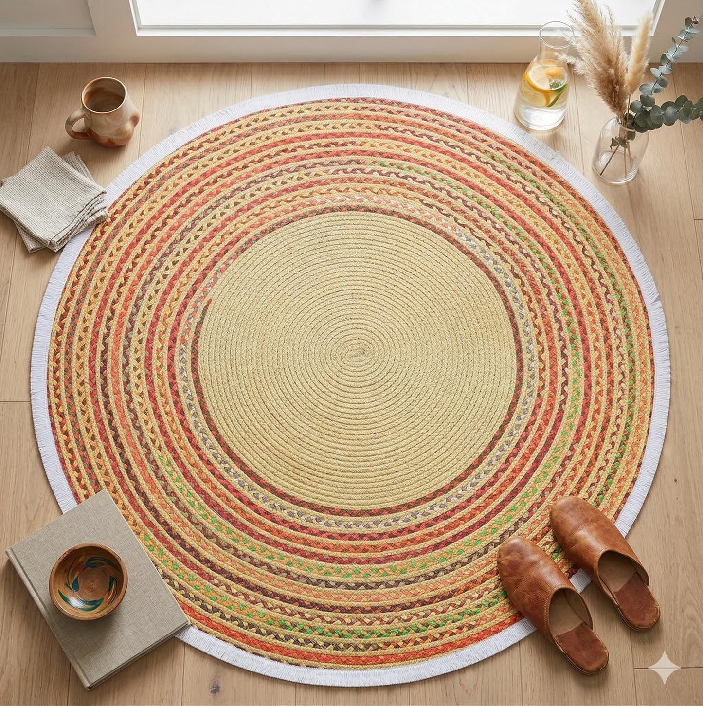 Braided Round Area Rug – Yellow, Red, Boho Cotton Carpet, Washable Circular Rug