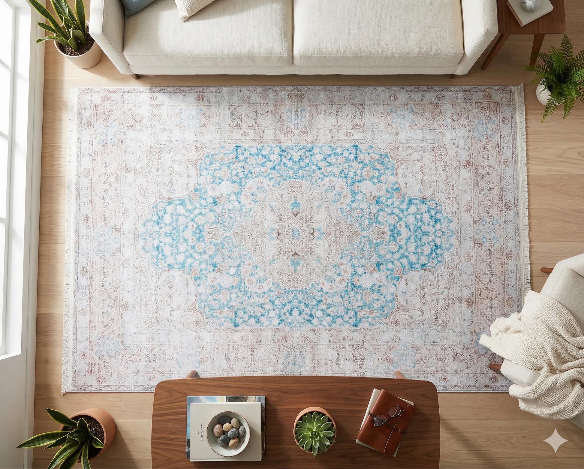 Distressed Medallion Area Rug – Turquoise Persian Style Carpet, Non-Slip