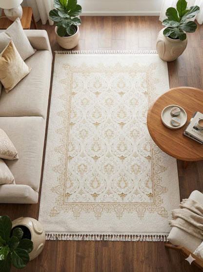Cream Gold Islamic Damask Area Rug – 160x230cm Turkish Motif Living Room Carpet
