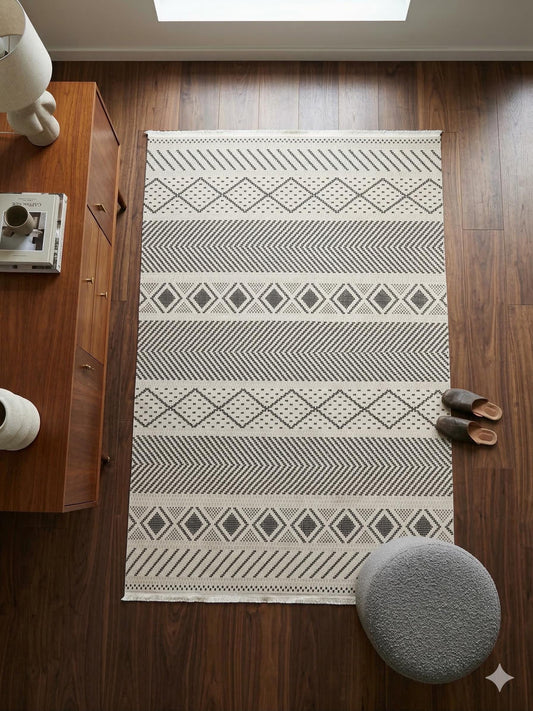 Modern Boho Tribal Area Rug – Black Cream Geometric Flatweave Carpet (160x230 cm)