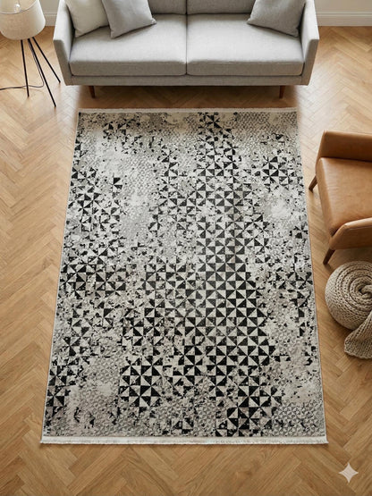 Modern Geometric Area Rug – Distressed Black Grey Abstract Living Room Decor
