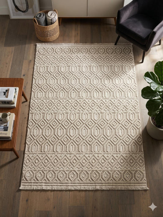 Handwoven Geometric Area Rug – Neutral Beige Boho Carpet, Tribal Diamond Texture