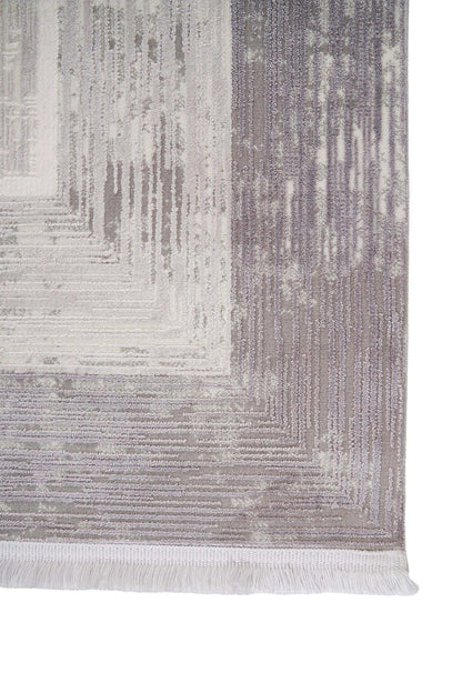 Modern Geometric Area Rug – Cream Grey Minimalist Border Design – Soft Neutral Carpet