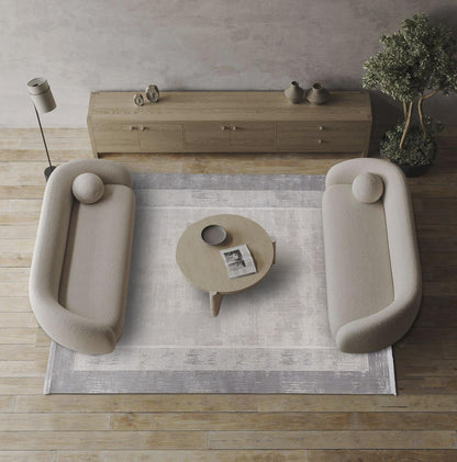 Modern Geometric Area Rug – Cream Grey Minimalist Border Design – Soft Neutral Carpet