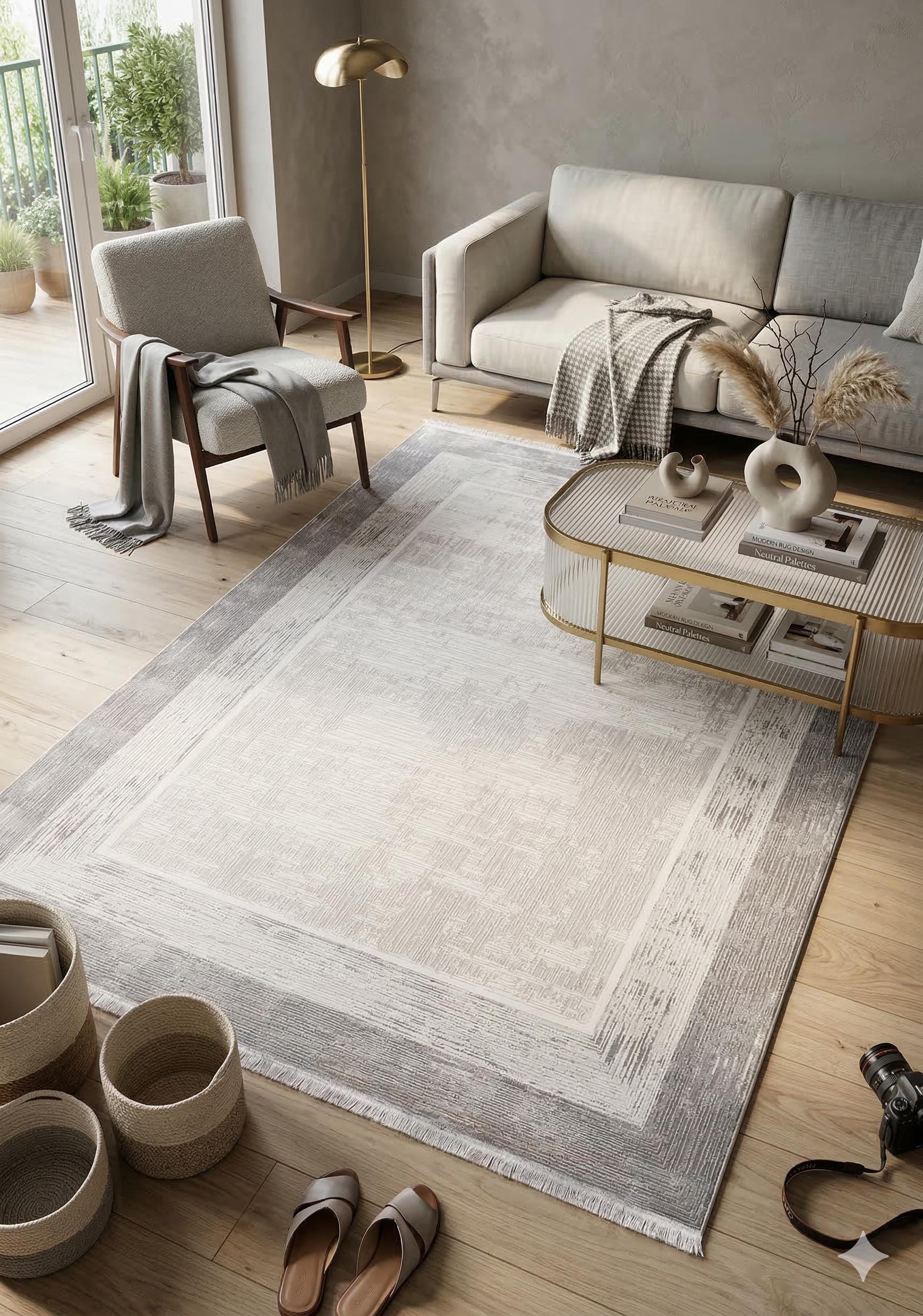 Modern Geometric Area Rug – Cream Grey Minimalist Border Design – Soft Neutral Carpet