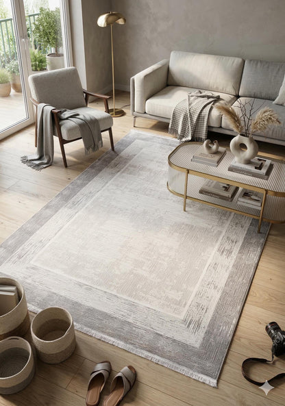 Modern Geometric Area Rug – Cream Grey Minimalist Border Design – Soft Neutral Carpet
