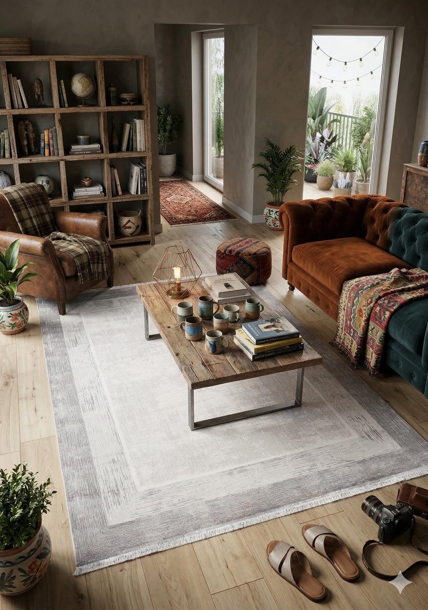 Modern Geometric Area Rug – Cream Grey Minimalist Border Design – Soft Neutral Carpet