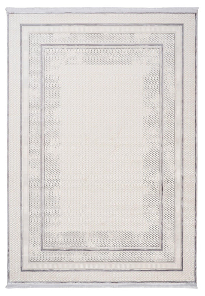 Modern Geometric Area Rug – Cream Grey Minimalist Border Design – Soft Neutral Carpet