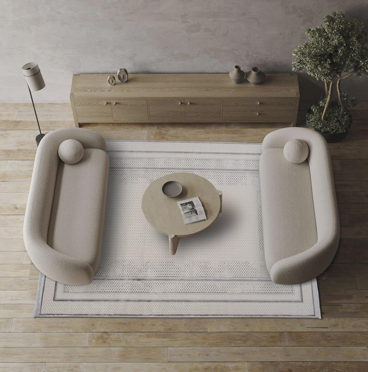 Modern Geometric Area Rug – Cream Grey Minimalist Border Design – Soft Neutral Carpet