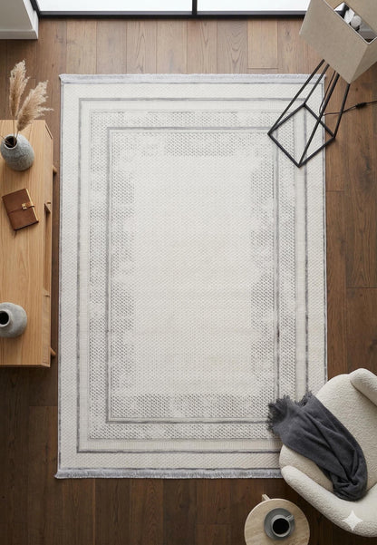 Modern Geometric Area Rug – Cream Grey Minimalist Border Design – Soft Neutral Carpet