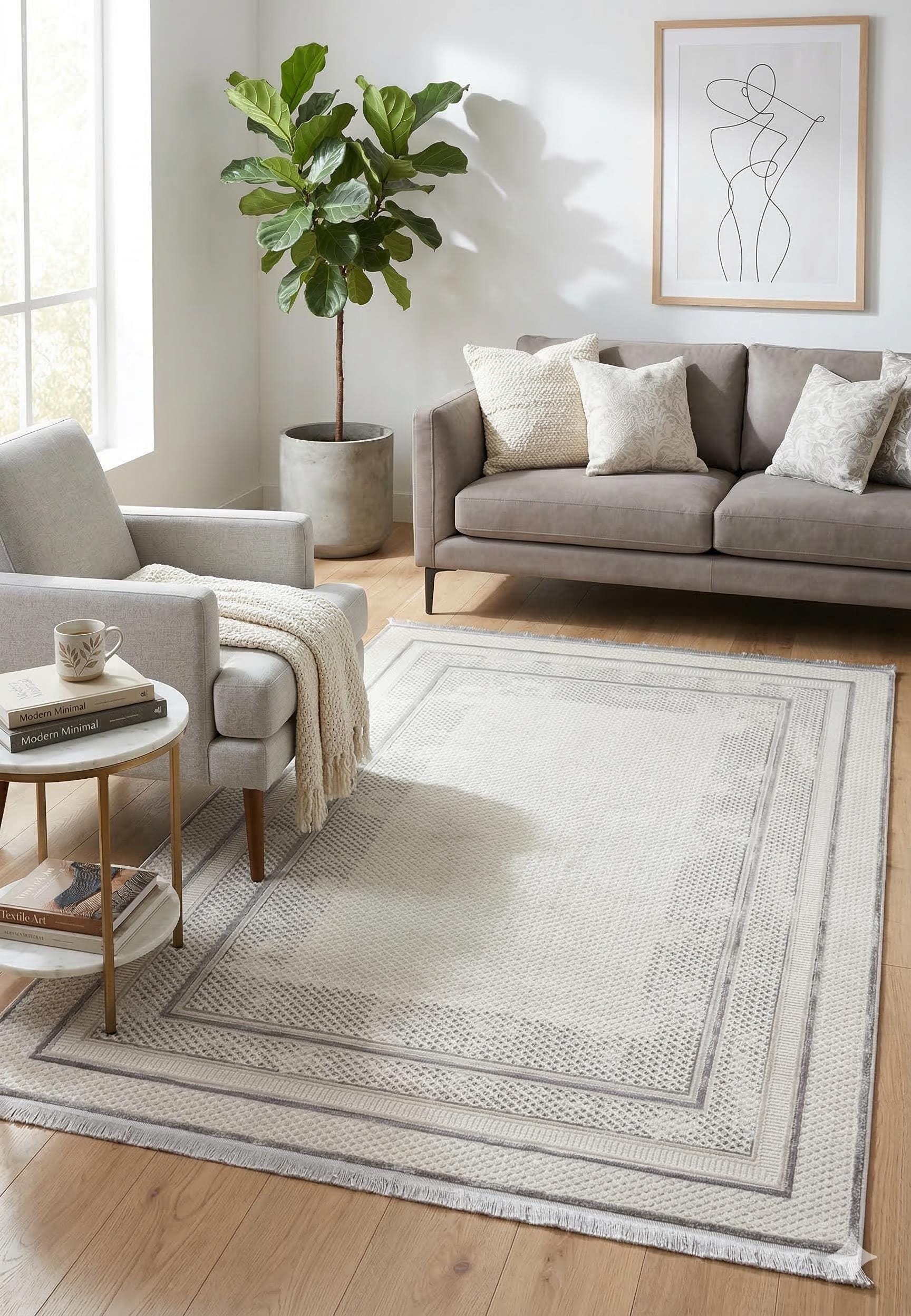 Modern Geometric Area Rug – Cream Grey Minimalist Border Design – Soft Neutral Carpet