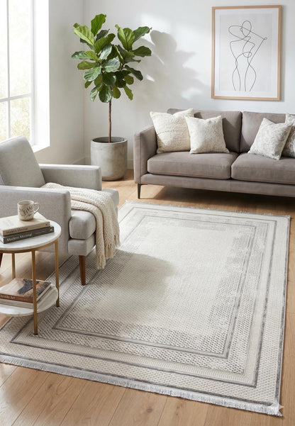 Modern Geometric Area Rug – Cream Grey Minimalist Border Design – Soft Neutral Carpet