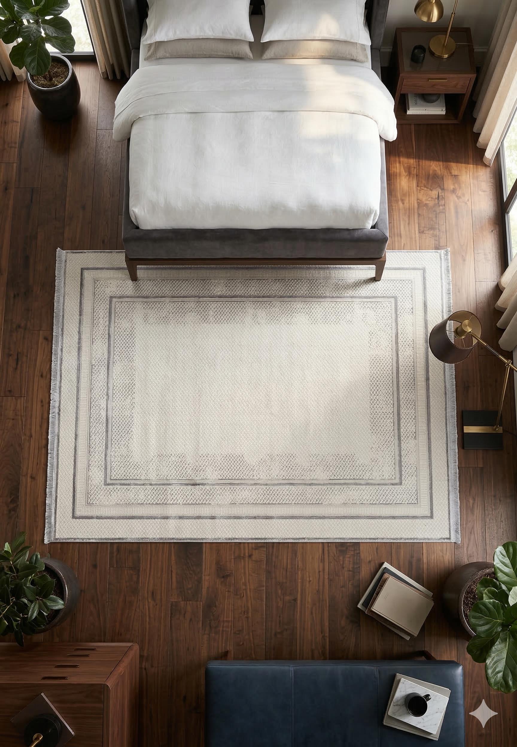 Modern Geometric Area Rug – Cream Grey Minimalist Border Design – Soft Neutral Carpet