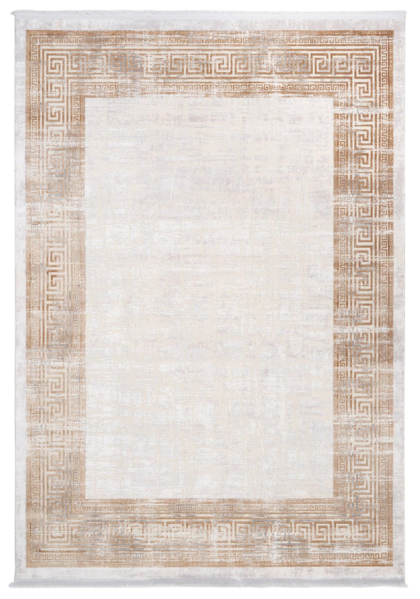 Gold Cream Greek Key Area Rug, Distressed Acrylic Living Room Carpet
