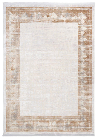 Gold Cream Greek Key Area Rug, Distressed Acrylic Living Room Carpet