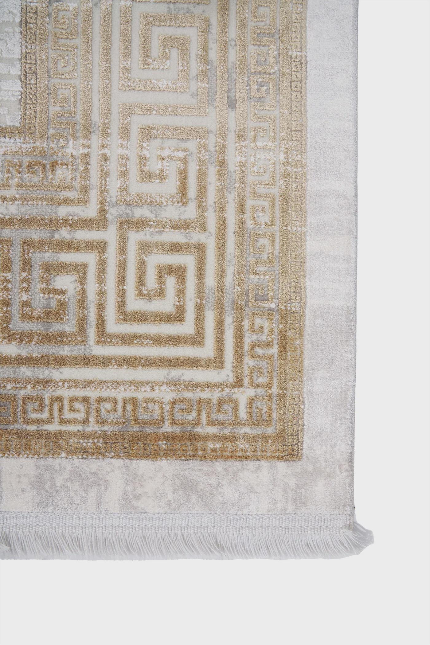 Gold Cream Greek Key Area Rug, Distressed Acrylic Living Room Carpet