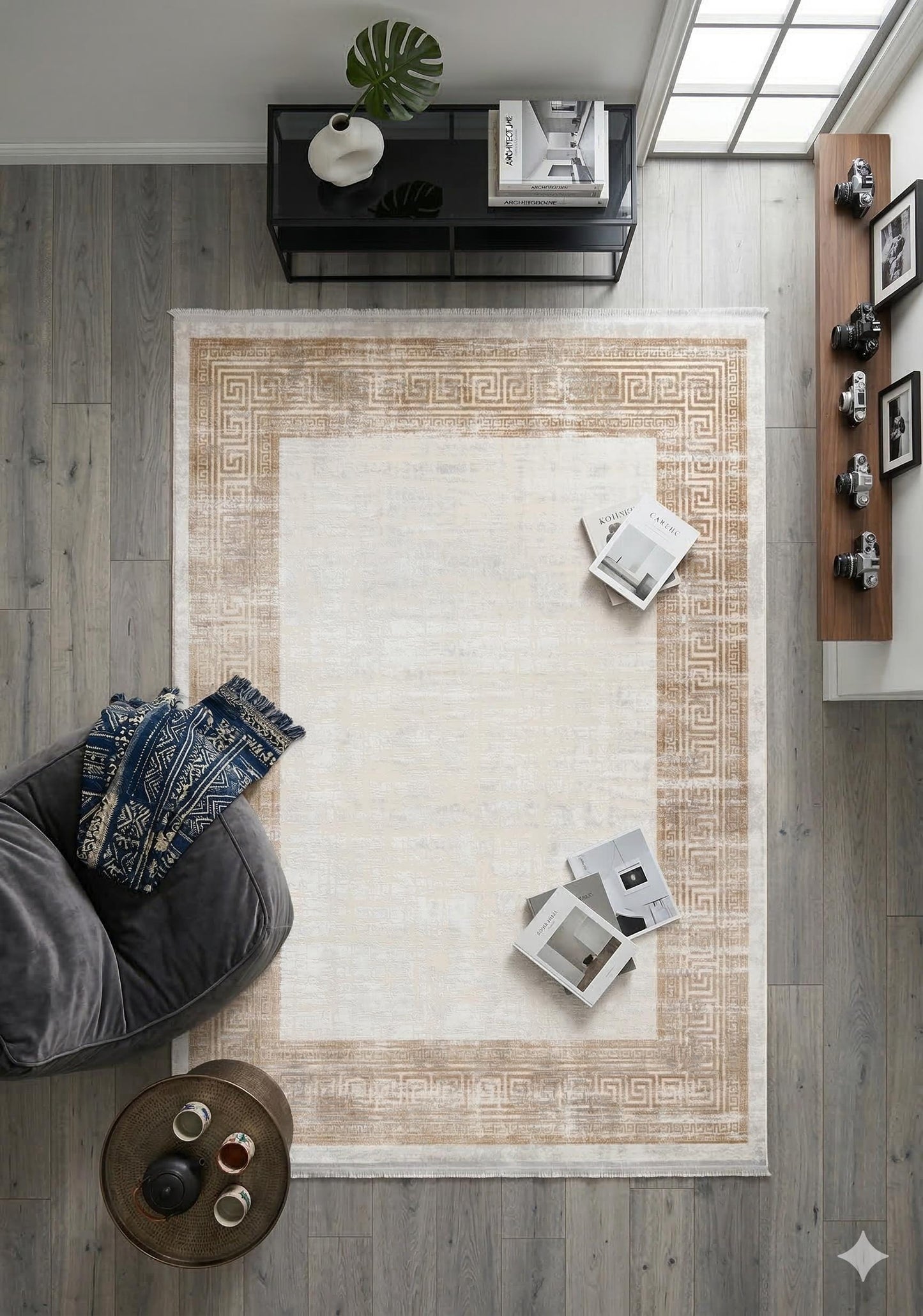 Gold Cream Greek Key Area Rug, Distressed Acrylic Living Room Carpet